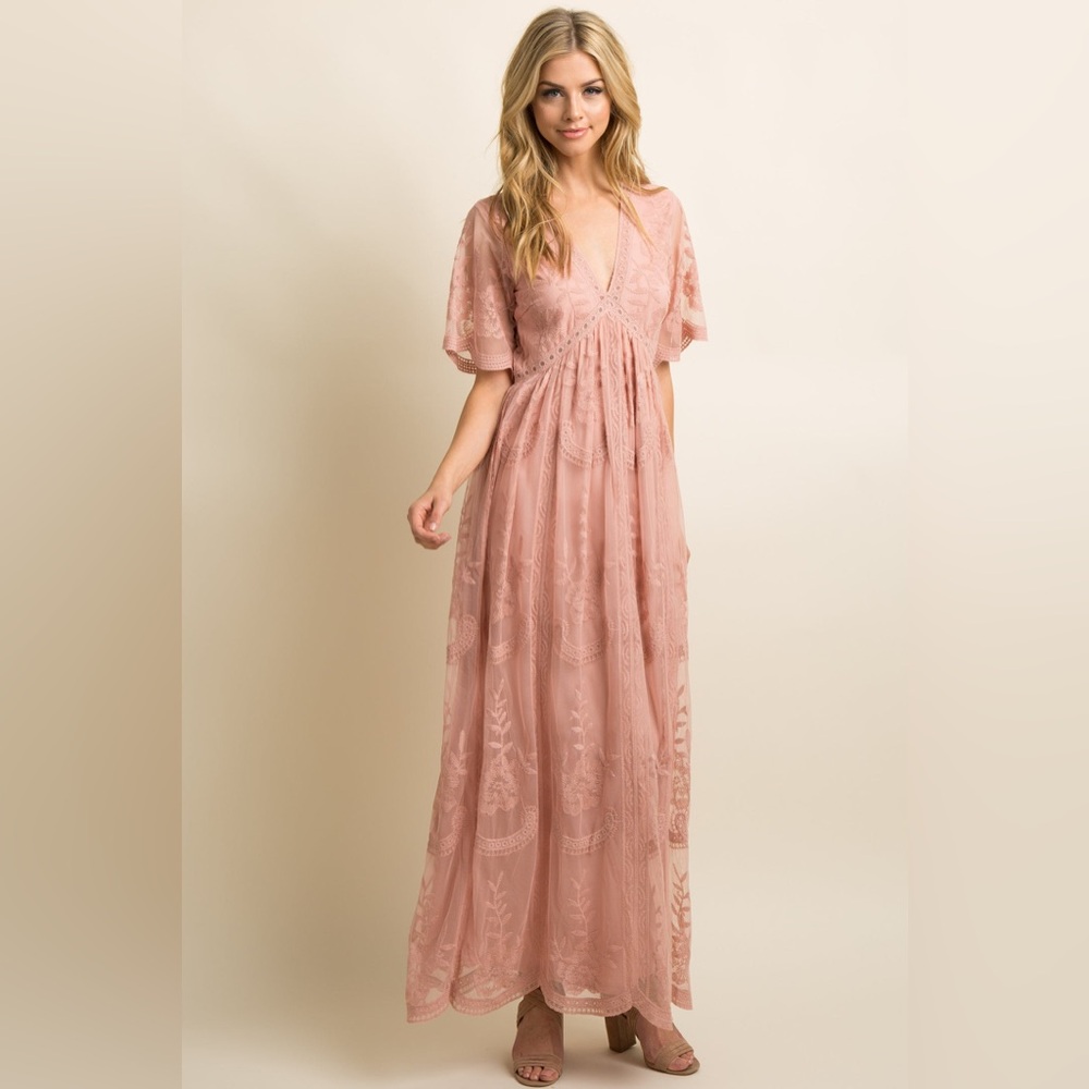 Pinkblush Light Pink Lace Mesh Overlay Maternity Maxi Dress Size Large